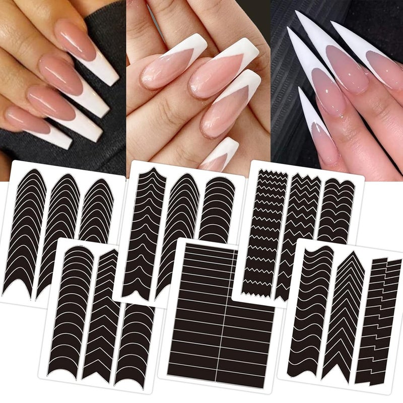 winthrop 1422 Pcs French Tip Nail Guides, Self-Adhesive French Moon Shaped V-Shaped Manicure Strip Stickers for Edge Auxiliary Black DIY Decoration Stencil Tools(11 Designs, 36 Sheets) - Image 1